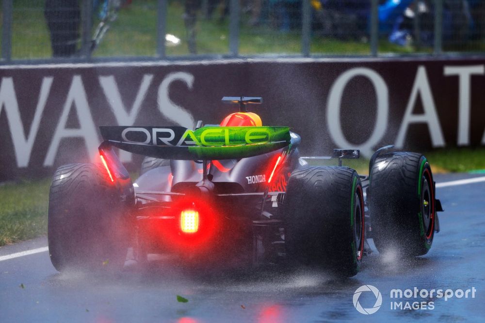Max Verstappen, Red Bull Racing RB20 con la vernice flow vis sull'ala posteriore