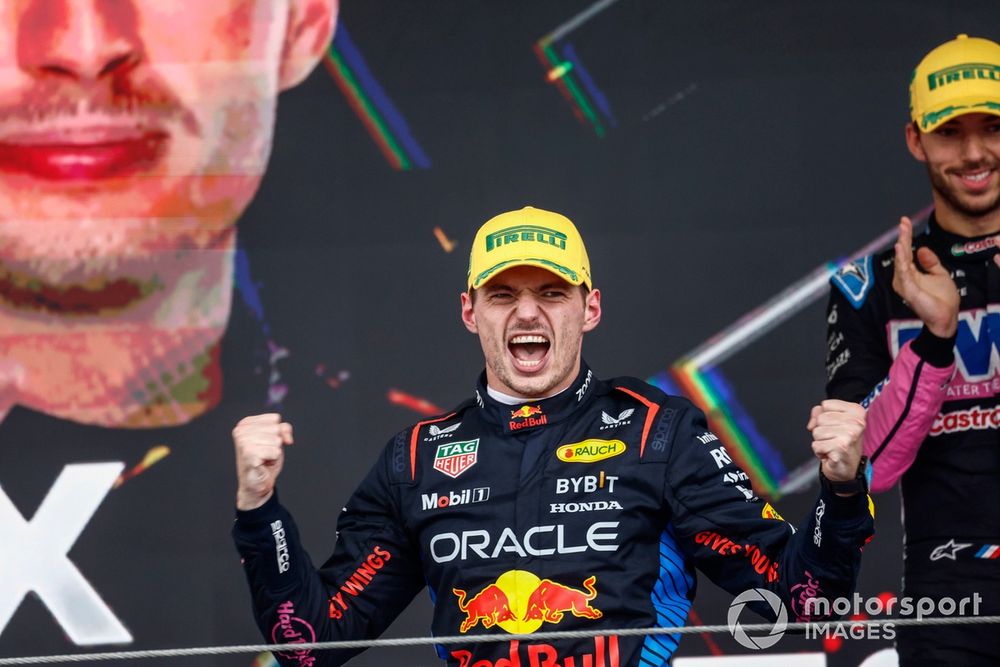 Max Verstappen, Red Bull Racing, 1st position, celebrates on the podium
