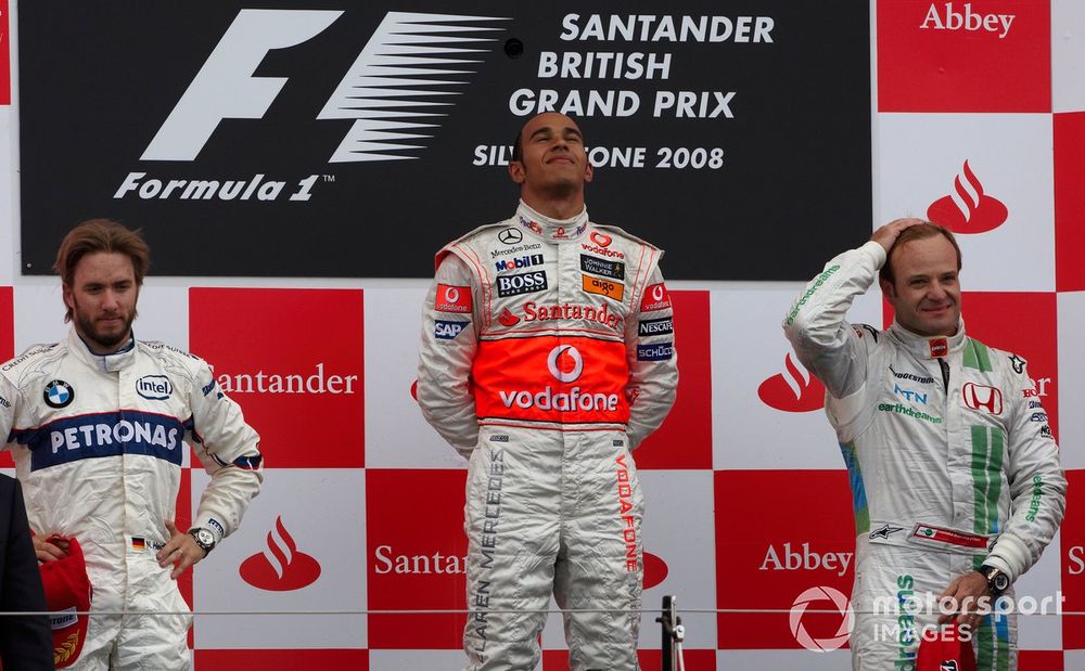 Lewis Hamilton lors de sa première victoire à Silverstone en 2008, il s'agissait de son deuxième podium à domicile.