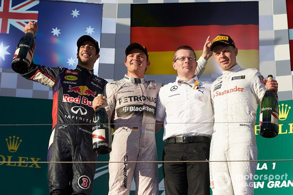 Daniel Ricciardo, Red Bull Racing, 2nd Position, Nico Rosberg, Mercedes AMG, 1st Position, Andy Cowell, Managing Director, HPP, Mercedes AMG, and Kevin Magnussen, McLaren, 3rd Position, on the podium