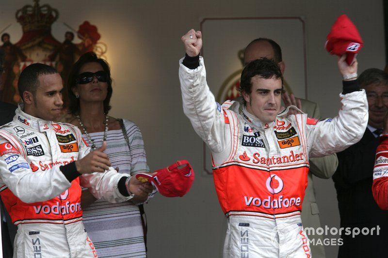 Podium: race winner Fernando Alonso, McLaren, second place Lewis Hamilton, McLaren