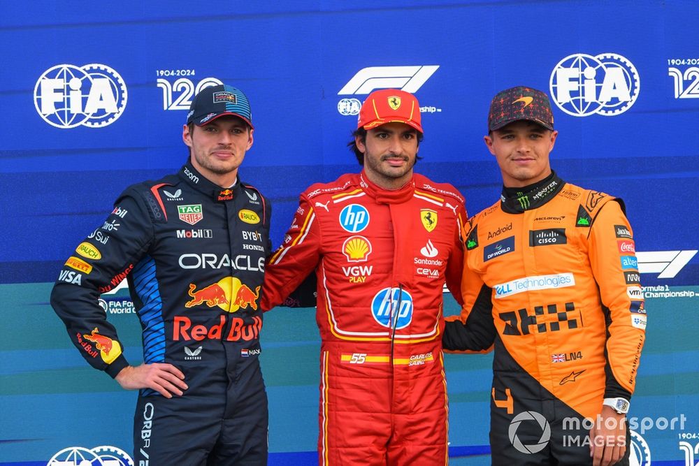 Le top 3 en qualifs : Max Verstappen, Red Bull Racing, le poleman Carlos Sainz, Scuderia Ferrari, Lando Norris, McLaren F1 Team