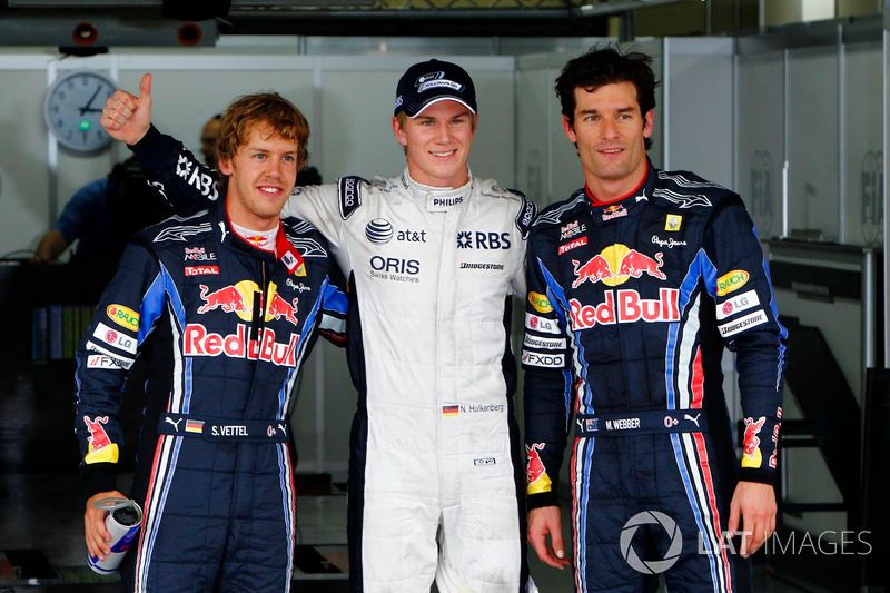 Polesitter Nico Hulkenberg, Williams FW32 Cosworth, Sebastian Vettel, Red Bull Racing, Mark Webber, Red Bull Racing