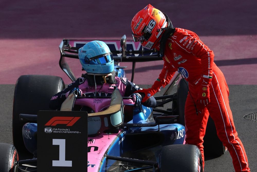 Charles Leclerc congratulates Pierre Gasly on his Monza pole.