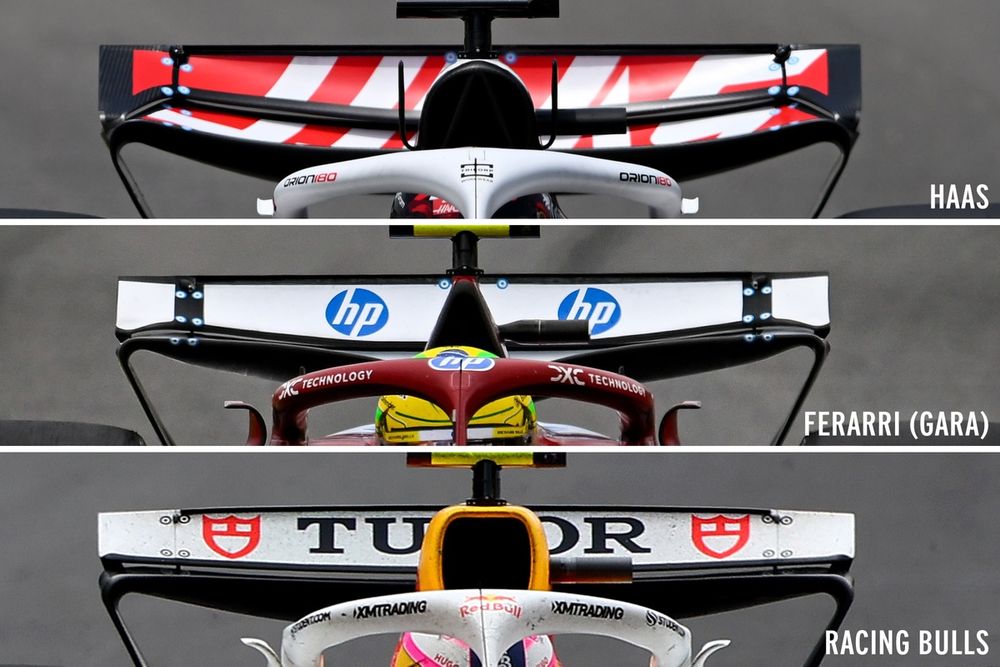 Confonto ali in Brasile tra Haas, Ferrari e Racing Bulls: si noti la scelta più carica della scuderia statunitense