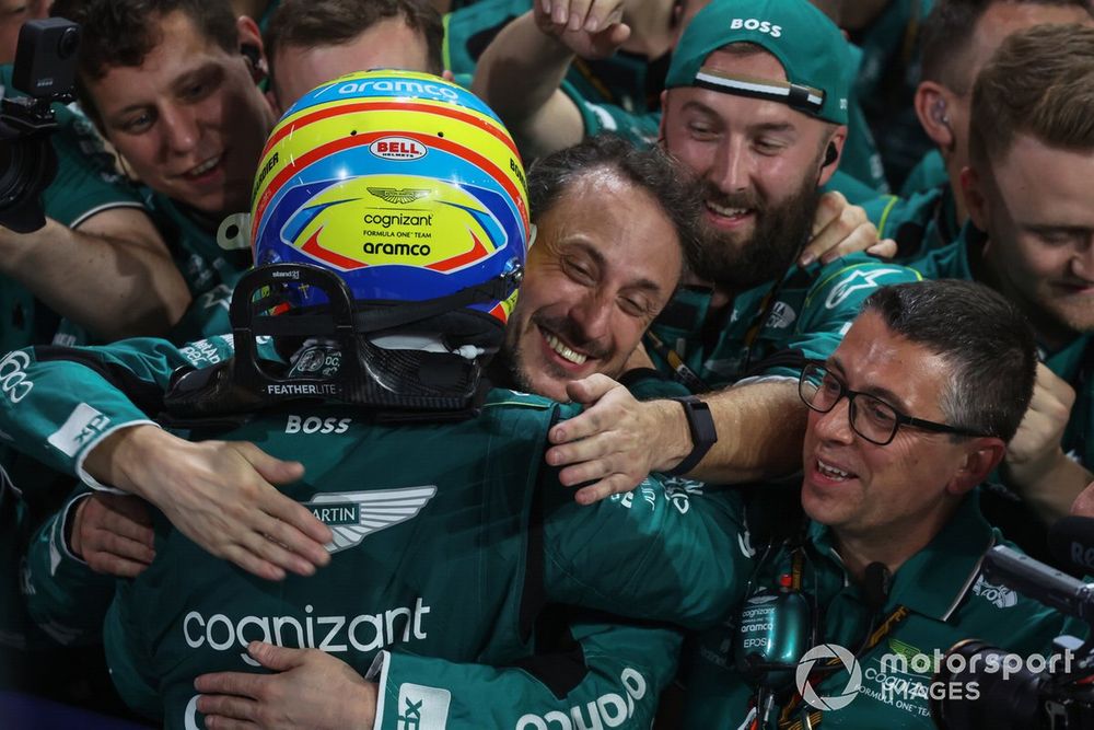 Fernando Alonso, Aston Martin F1 Team, provisionally 3rd position, celebrates with his team in Parc Ferme