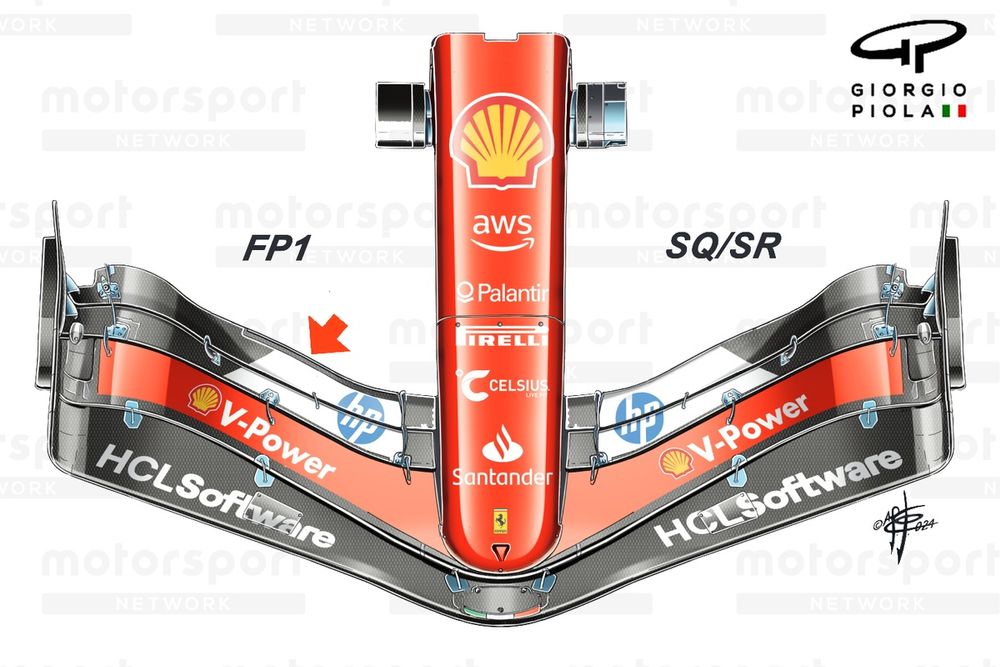 L' ala anteriore della Ferrari SF-24: è stato tolto il molder