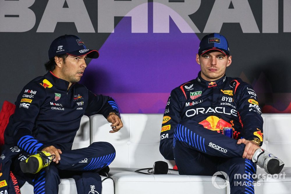 Sergio Perez, Red Bull Racing, 2nd position, Max Verstappen, Red Bull Racing, 1st position, talk in the Press Conference