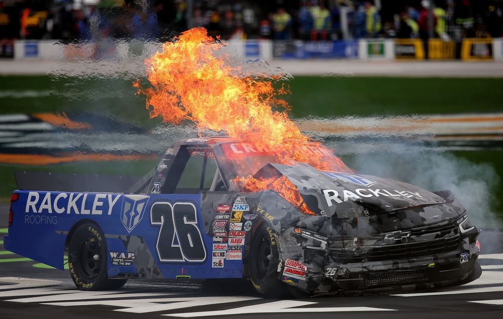 Dawson Sutton in flames after crash, No. 26 Rackley W.A.R.