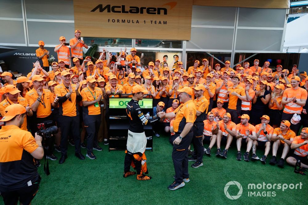 Lando Norris, McLaren F1 Team, 1st position, Zak Brown, CEO, McLaren Racing,rea Stella, Team Principal, McLaren F1 Team, the McLaren team celebrate victory