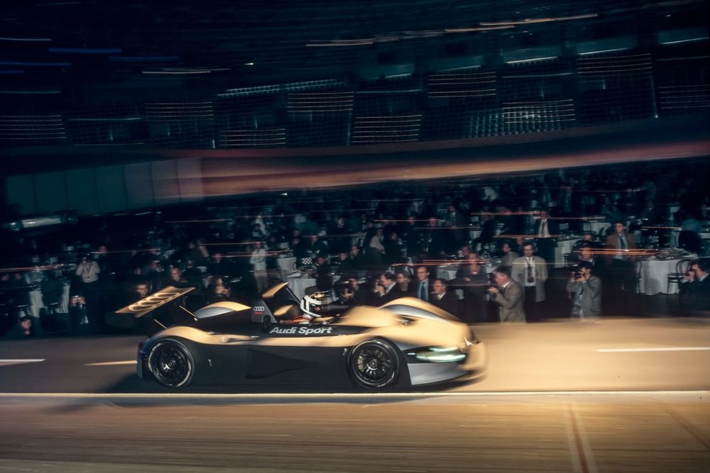 Laurent Aiello and the original R8 take to the velodrome in 1998 as Audi launches its successful Le Mans programme
