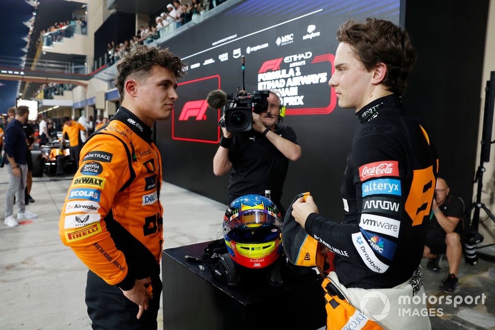 Pole man Lando Norris, McLaren F1 Team, Oscar Piastri, McLaren F1 Team, talk in Parc Ferme