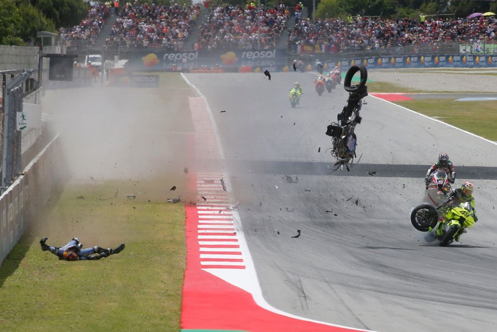 Marquez was injured in a nasty looking crash after he ran into Acosta's hobbled KTM