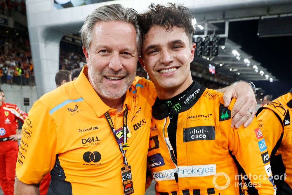 Lando Norris, McLaren F1 Team, 1st position, Zak Brown, CEO, McLaren Racing, celebrate after the race