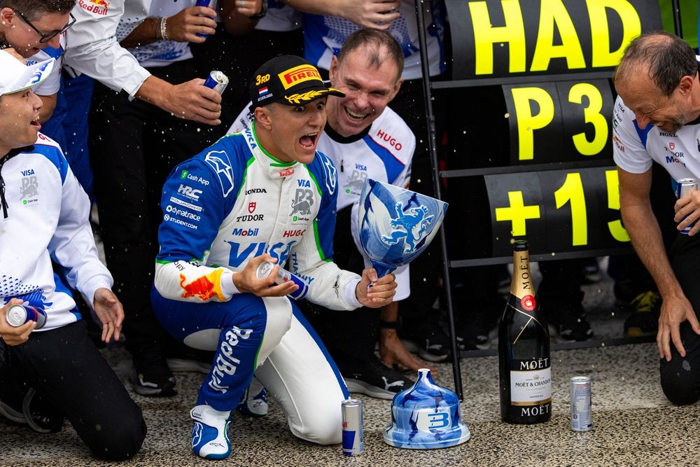 Bull in a china shop: Hadjar snaps his Royal Delft trophy - the sole mistake of his Zandvoort weekend