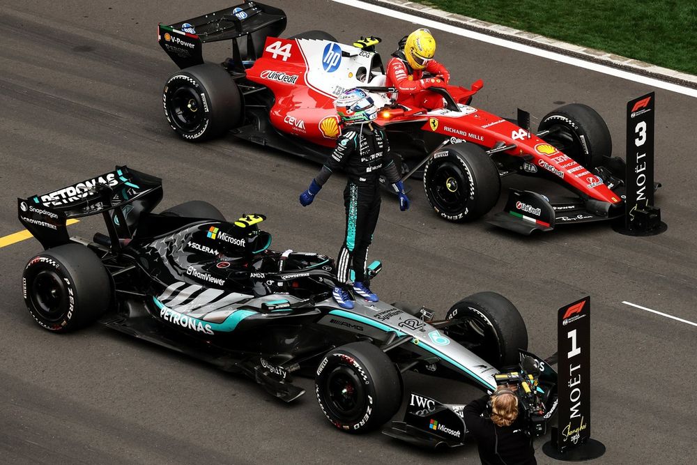 Fittingly, Mercedes past and future shared the spoils together as Hamilton flanked Antonelli on the podium