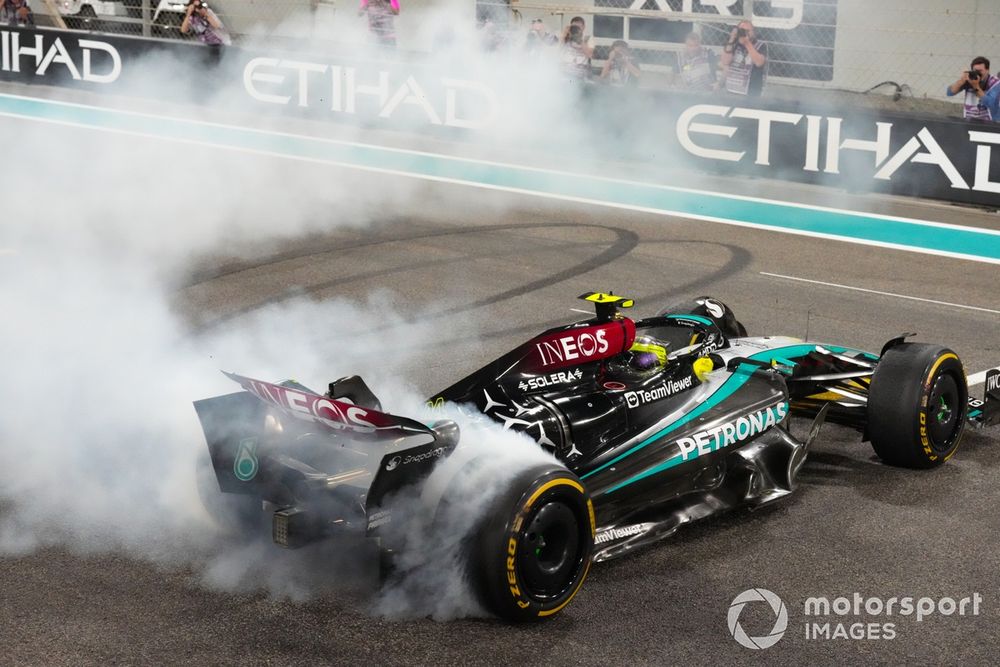 Lewis Hamilton, Mercedes F1 W15, performs donuts at the end of the race