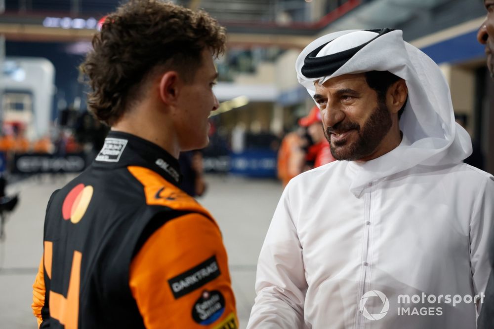 Pole man Lando Norris, McLaren F1 Team, talks with Mohammed Ben Sulayem, President, FIA, after Qualifying