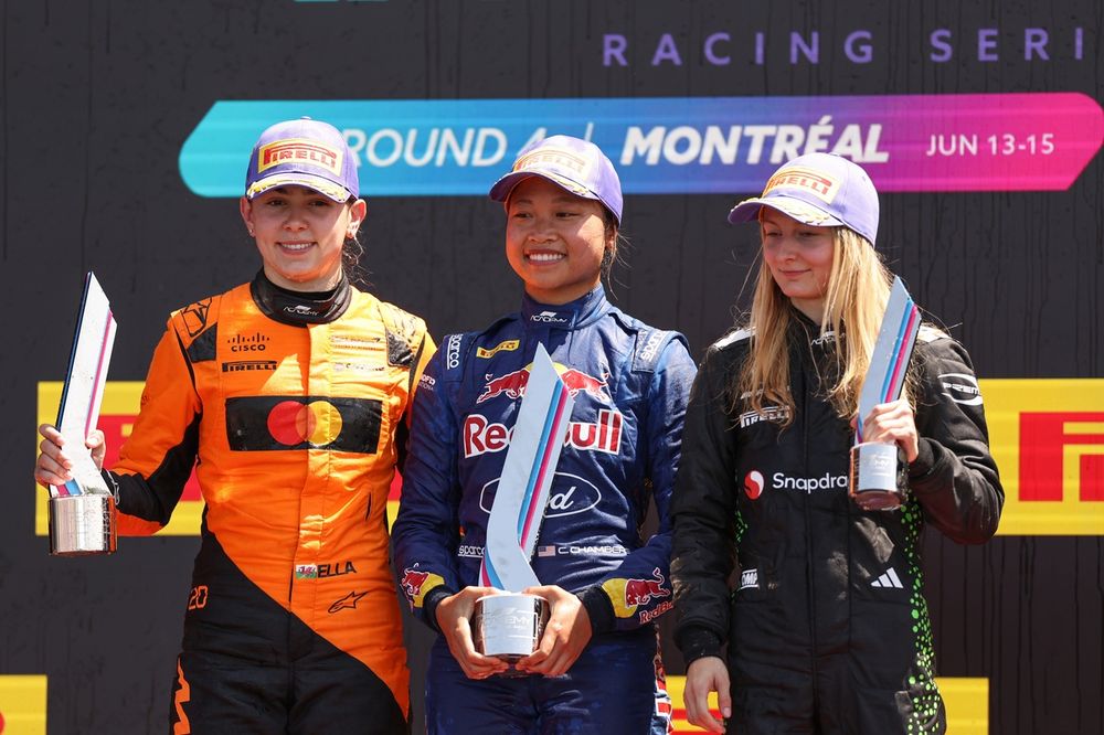 Podio: ganadora de la carrera Chloe Chambers, Campos Racing, segundo lugar Ella Lloyd, Rodin Motorsport, tercer lugar Doriane Pin, PREMA Racing
