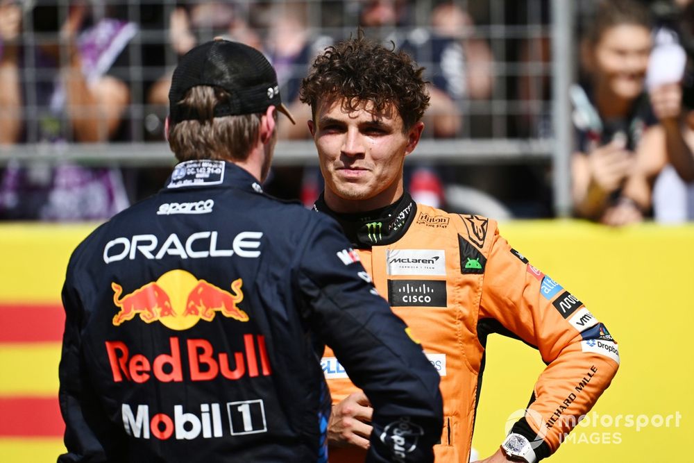 Max Verstappen, Red Bull Racing, 1st position, Lando Norris, McLaren F1 Team, 3rd position, chat in Parc Ferme 