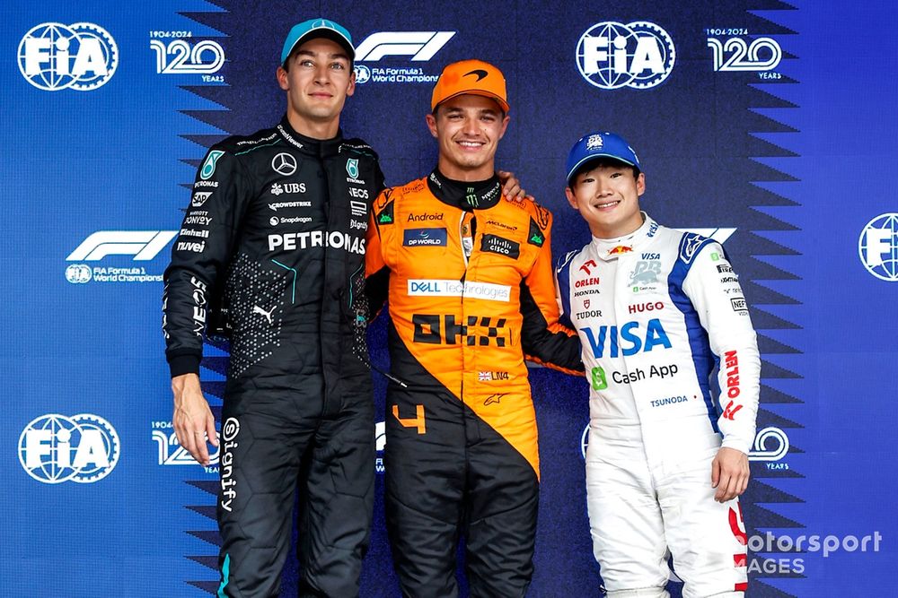 Top three qualifiers George Russell, Mercedes-AMG F1 Team, pole man Lando Norris, McLaren F1 Team, Yuki Tsunoda, Visa Cash App RB F1 Team