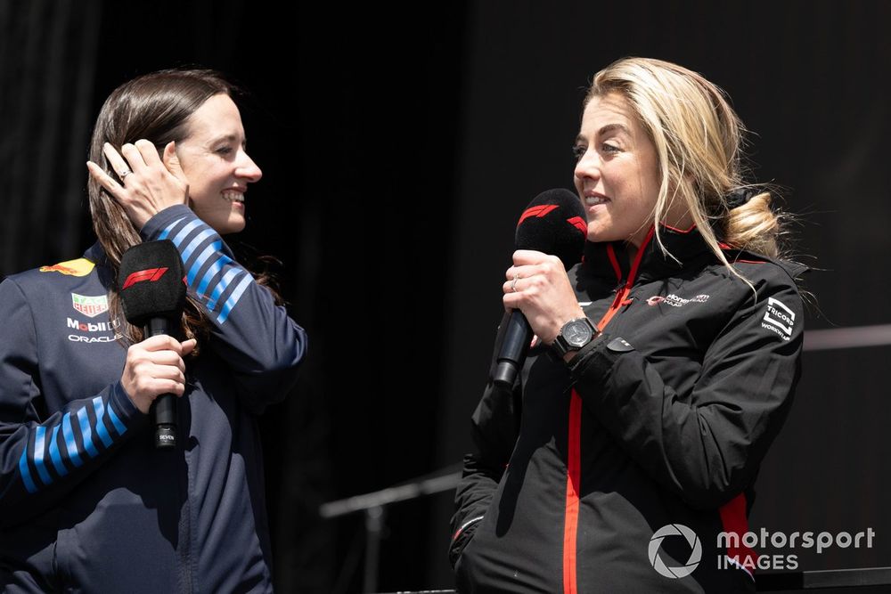 Hannah Schmitz, principal strategy engineer at Red Bull Racing, with Faith Atack-Martin, performance coach and team physiotherapist at Haas F1 Team