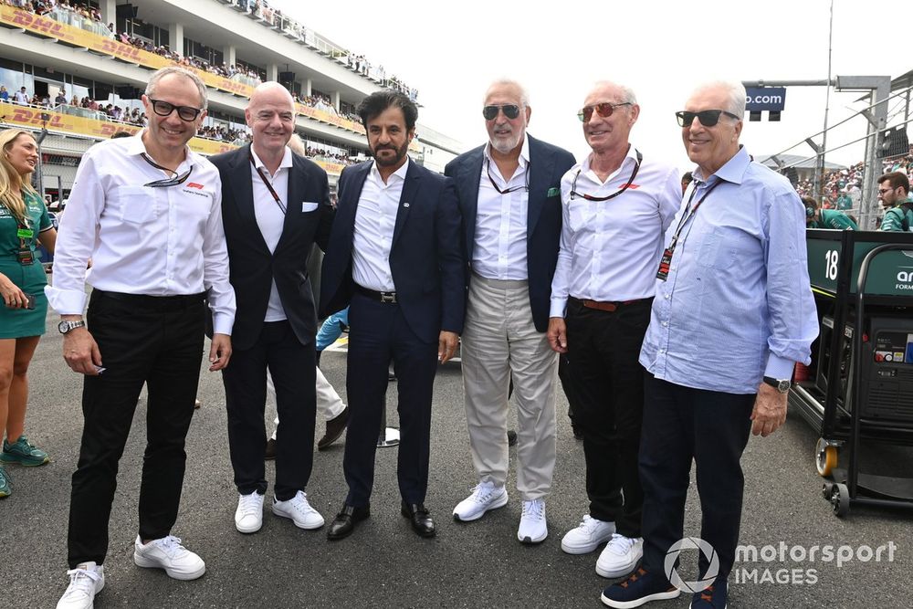 Stefano Domenicali, CEO, Formula One Group, Giovanni Infantino, Swiss football administrator and the president of FIFA, Mohammed Ben Sulayem, President, FIA, Lawrence Stroll, Owner, Aston Martin F1 Team, Greg Maffei, CEO, Liberty Media, Piero Ferrari, Vice Chairman, Ferrari 