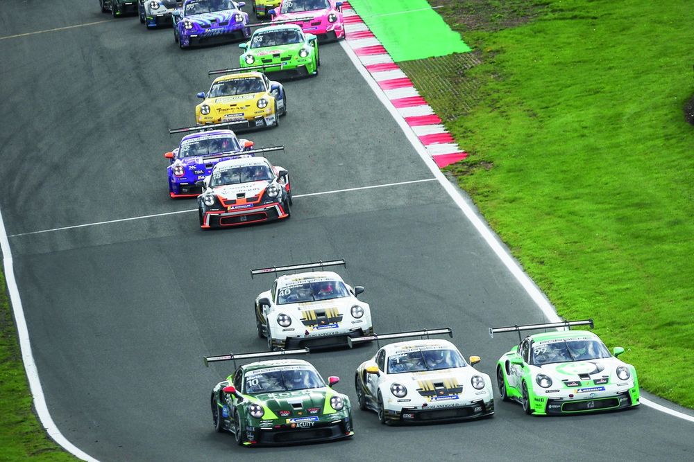 Porsche Carrera Cup GB runner-up Martin (l) was in a hurry to pounce at Brands Hatch
