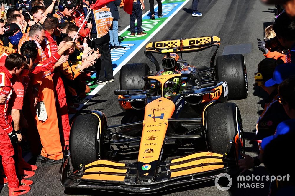 Lando Norris, McLaren MCL38, 3rd position, arrives in Parc Ferme