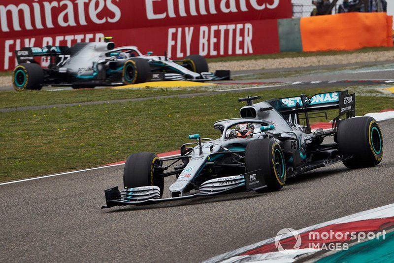 Lewis Hamilton, Mercedes AMG F1 W10, leads Valtteri Bottas, Mercedes AMG W10