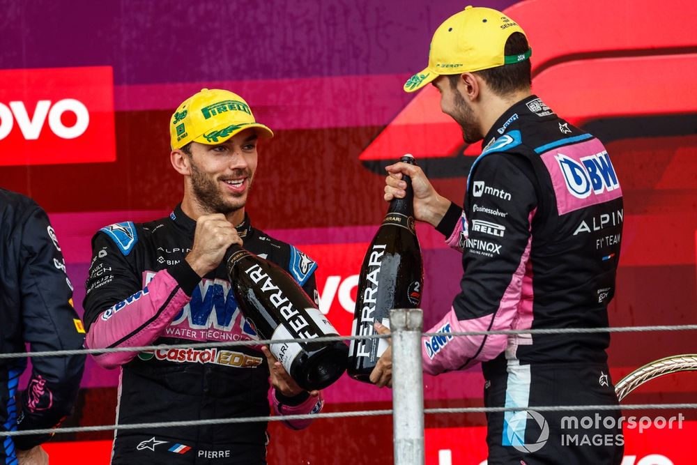 Max Verstappen, Red Bull Racing, 1st position, Pierre Gasly, Alpine F1 Team, 3rd position, Esteban Ocon, Alpine F1 Team, 2nd position, on the podium