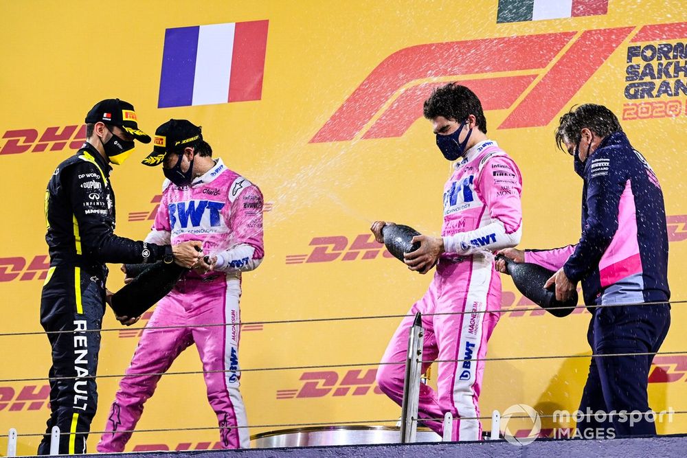 Esteban Ocon, Renault F1, 2nd position, Sergio Perez, Racing Point, 1st position, Lance Stroll, Racing Point, 3rd position, and Andy Stevenson, Sporting Director, Racing Point, on the podium