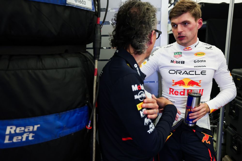 Max Verstappen, Red Bull Racing, with team principal Laurent Mekies