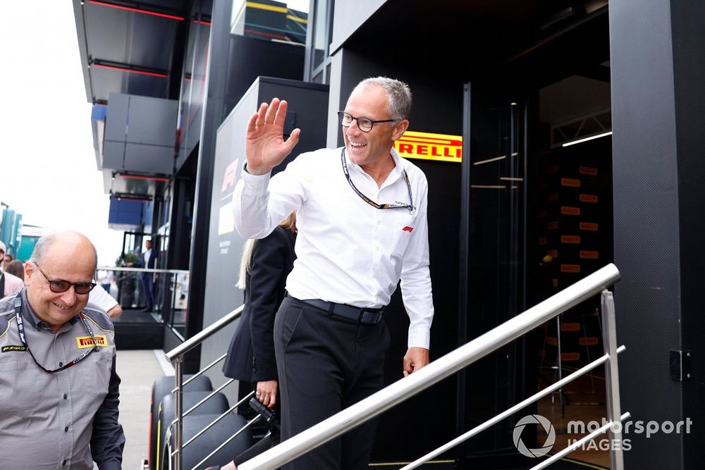 Stefano Domenicali, CEO, Formula 1, heads into the Pirelli motorhome