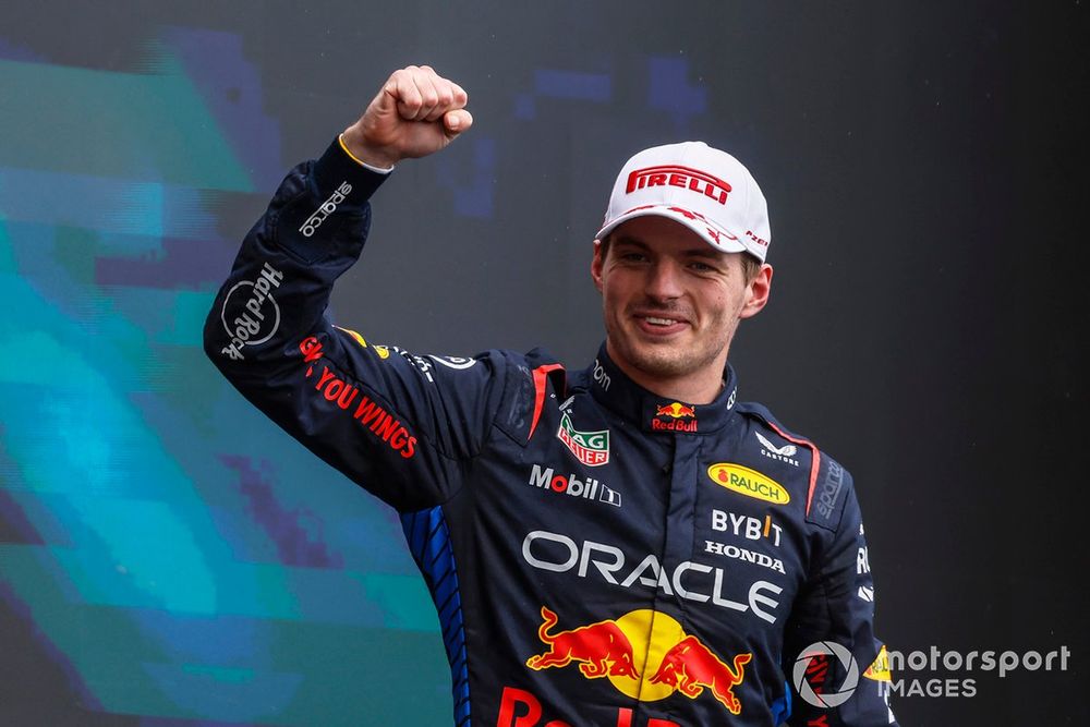 Max Verstappen, Red Bull Racing, 1st position, celebrates on the podium