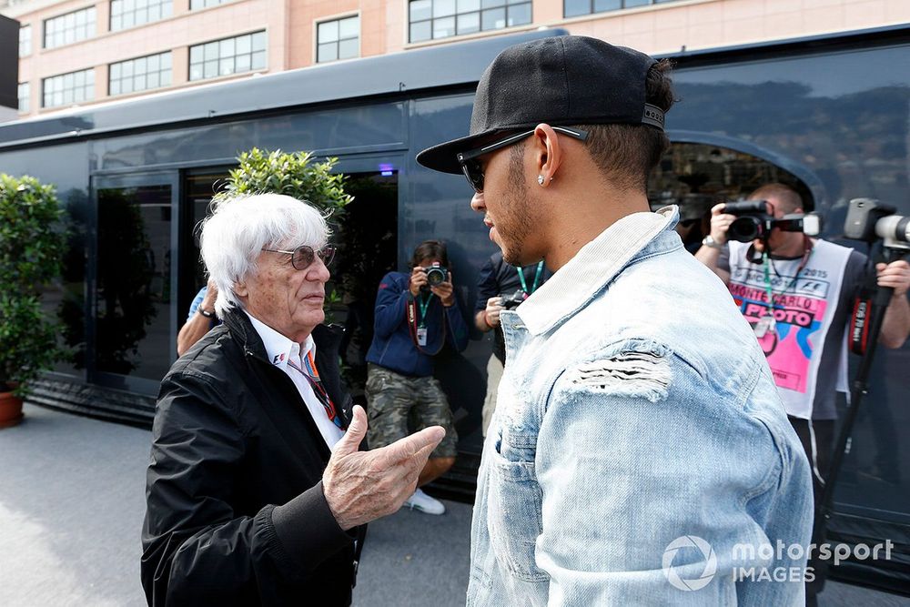 Bernie Ecclestone, CEO and President, FOM, and Lewis Hamilton, Mercedes AMG