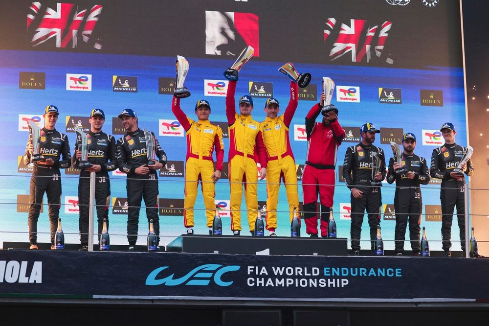 Podium HY CUP: Race winner #83 AF Corse Ferrari 499P: Robert Kubica, Robert Shwartzman, Yifei Ye, second place #38 Hertz Team Jota Porsche 963: Jenson Button, Philip Hanson, Oliver Rasmussen, third place #12 Hertz Team Jota Porsche 963: Will Stevens, Callum Ilott, Norman Nato