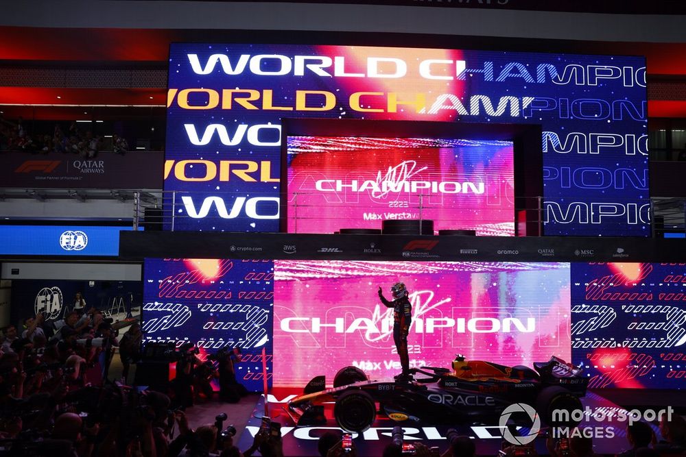 Max Verstappen, Red Bull Racing, 2nd position and 2023 drivers world champion, celebrates on arrival in Parc Ferme after the Sprint race