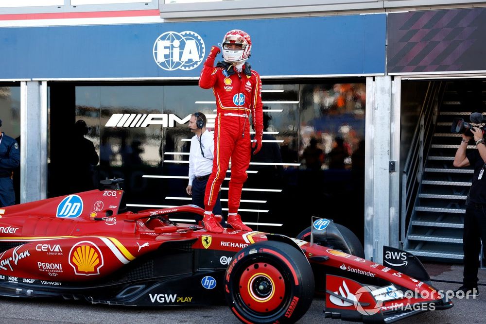 Pole man Charles Leclerc, Scuderia Ferrari, celebrates on arrival in Parc Ferme