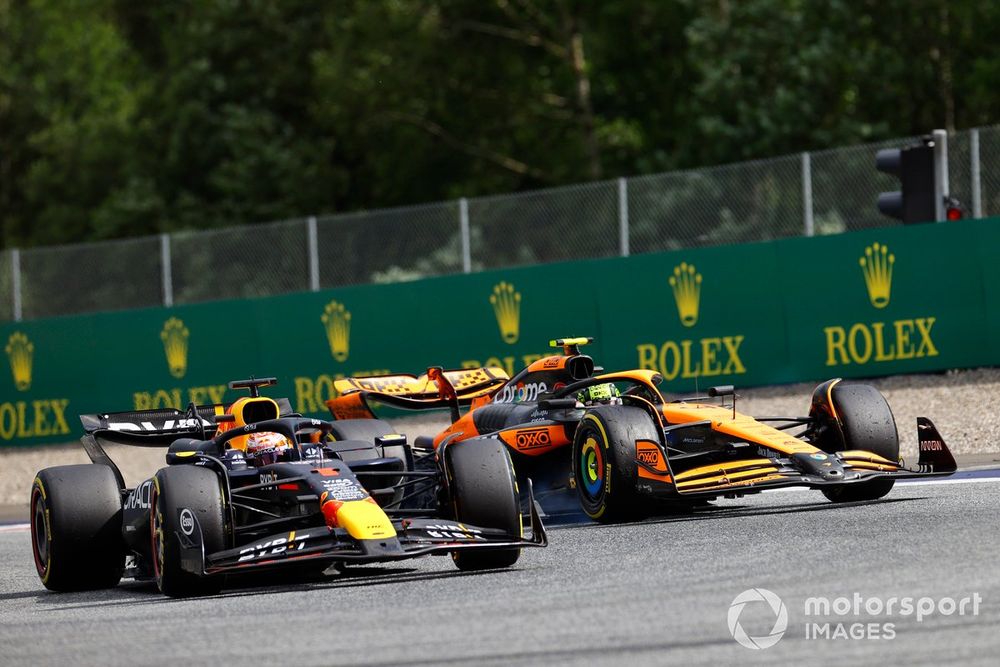 Max Verstappen, Red Bull Racing RB20, leads Lando Norris, McLaren MCL38