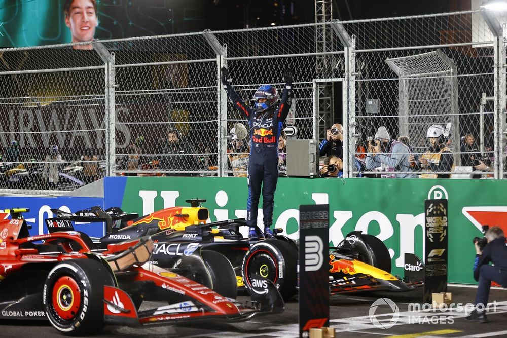 World Champion Max Verstappen, Red Bull Racing, celebrates in Parc Ferme 