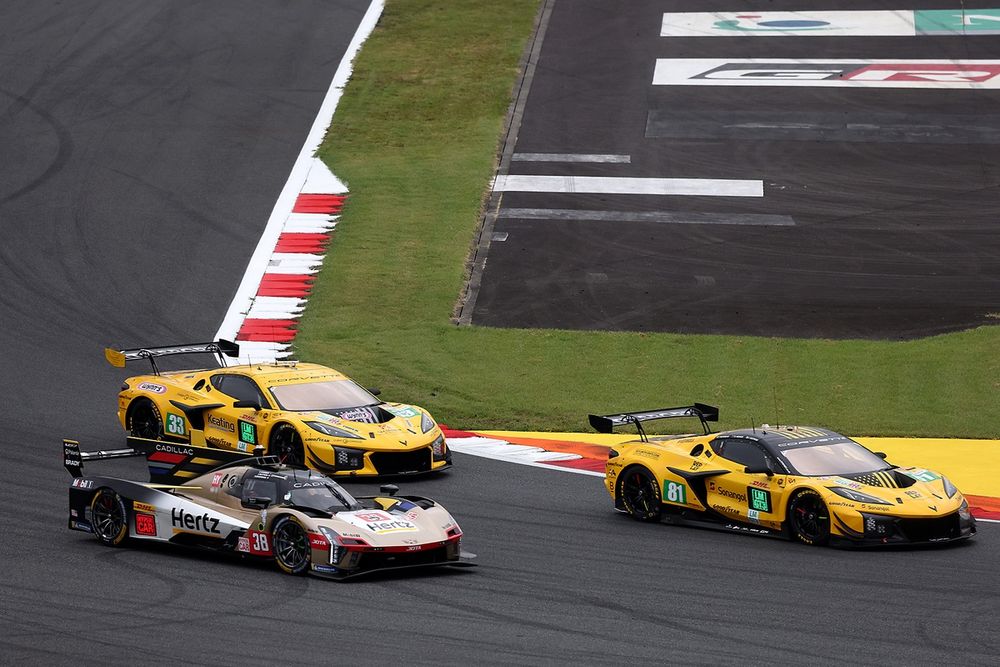 #38 Cadillac Hertz Team Jota Cadillac V-Series.R: Earl Bamber, Sébastien Bourdais, Jenson Button, #81 TF Sport Corvette Z06 LMGT3.R: Tom Van Rompuy, Rui Andrade, Charlie Eastwood, #33 TF Sport Corvette Z06 LMGT3.R: Ben Keating, Jonny Edgar, Daniel Juncadella