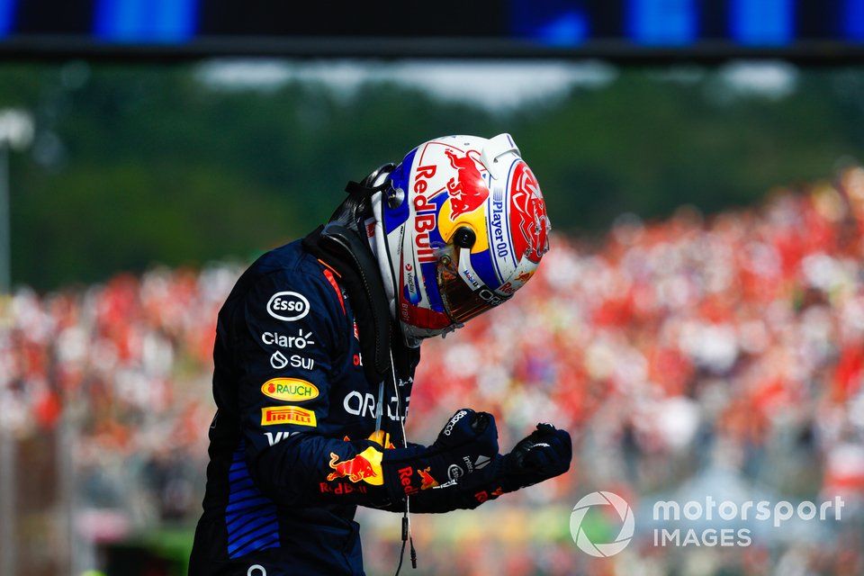 Max Verstappen, Red Bull Racing, 1st position, celebrates on arrival in Parc Ferme