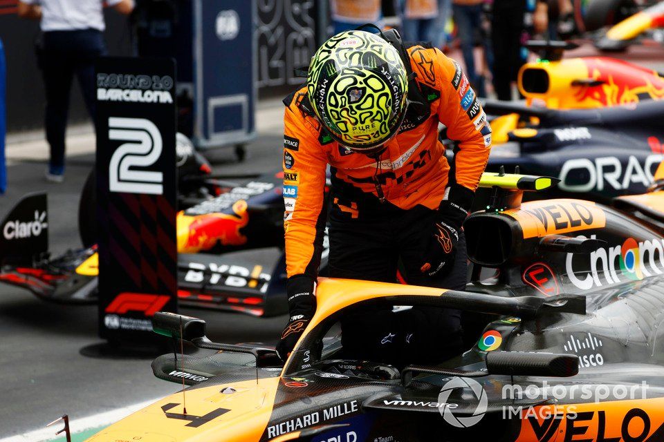 Pole man Lando Norris, McLaren MCL38, arrives in Parc Ferme after Qualifying
