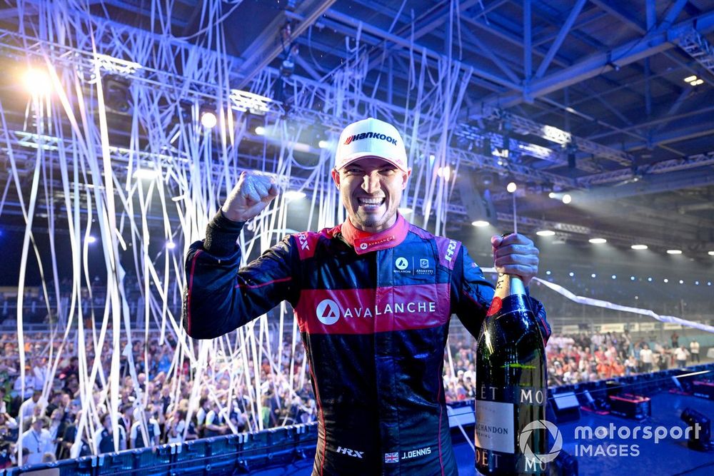 Jake Dennis, Andretti Autosport, 2nd position, celebrates championship victory on the podium