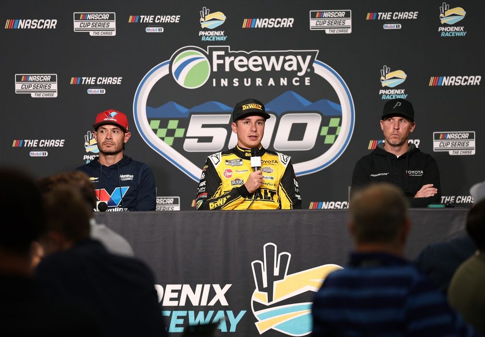 Denny Hamlin (right), Christopher Bell (middle), Kyle Larson (left) speak to the media in Phoenix press conference