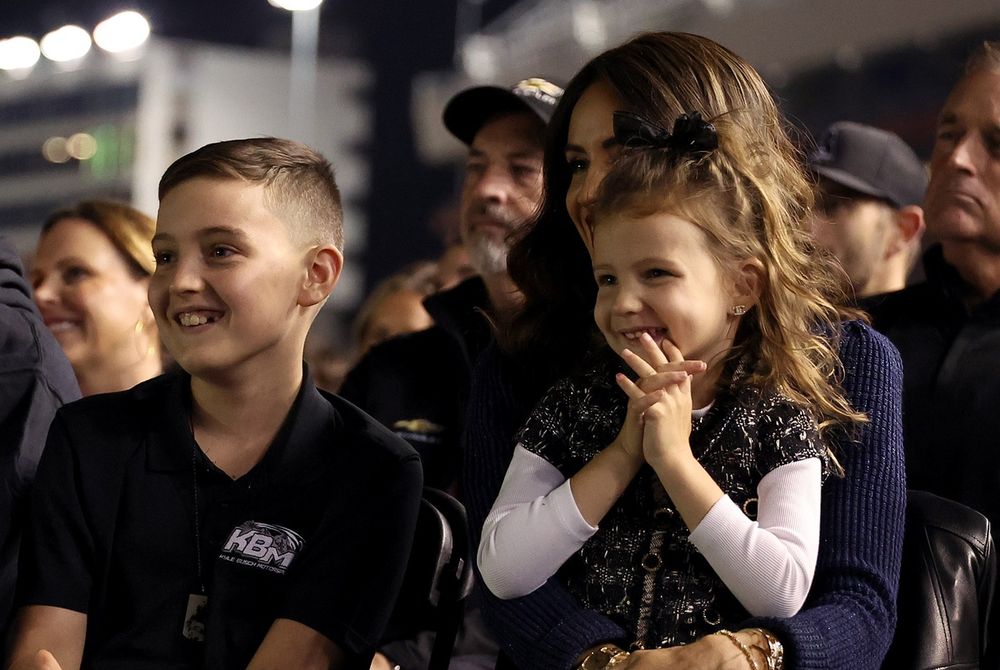 Kyle Busch's son Brexton Busch, daughter Lennix Busch and widow Samantha Busch attend the Kyle Busch Celebration of Life at Charlotte Motor Speedway
