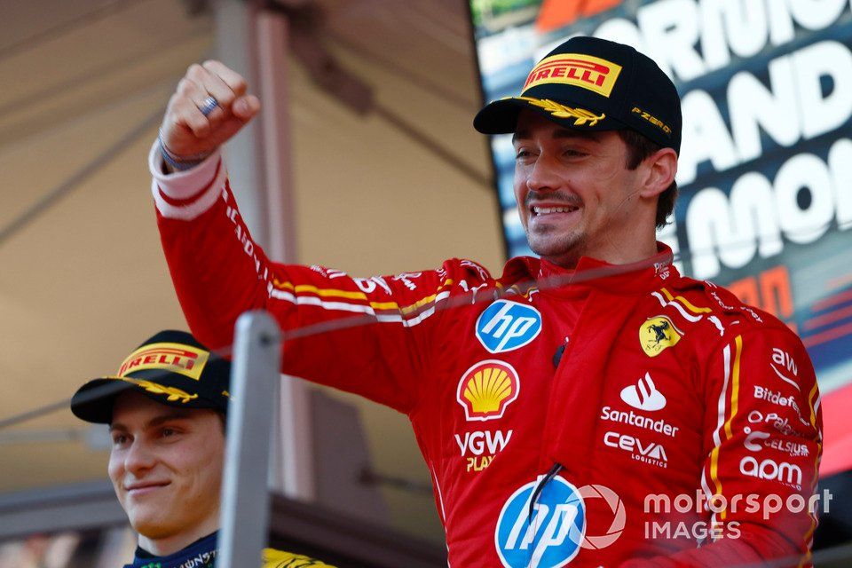 Charles Leclerc, Scuderia Ferrari, 1st position, celebrates on the podium