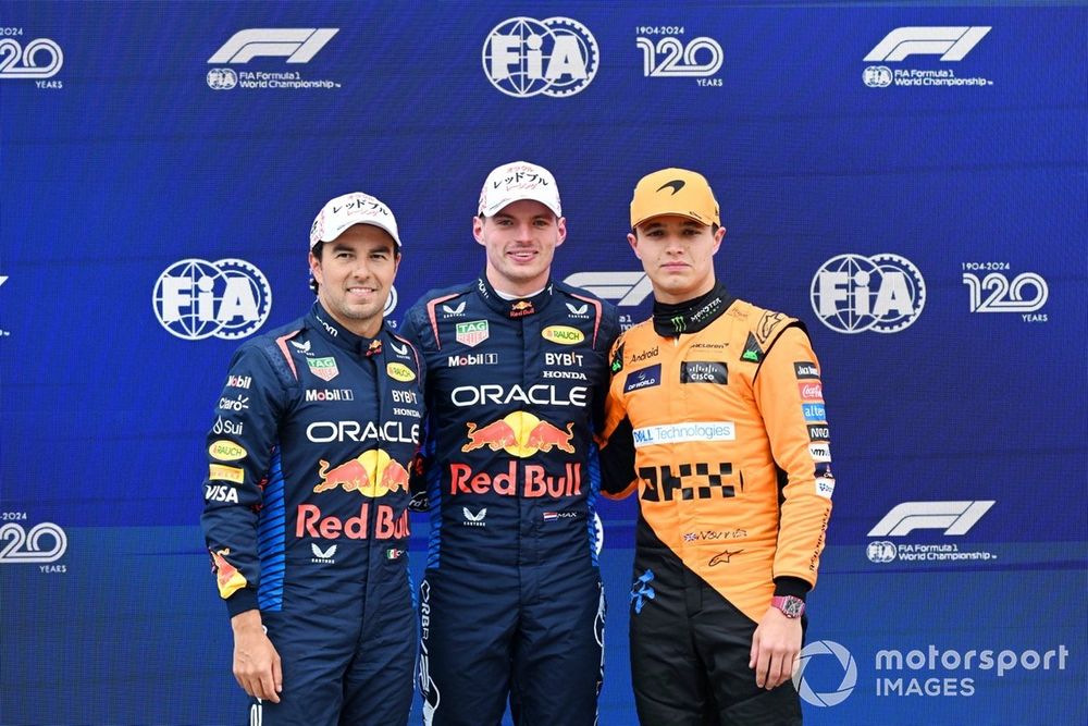 Pole man Max Verstappen, Red Bull Racing, with Sergio Perez, Red Bull Racing, Lando Norris, McLaren F1 Team 