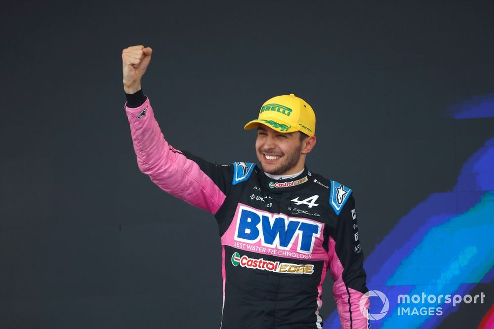 Esteban Ocon, Alpine A524, 2nd position, celebrates on the podium 